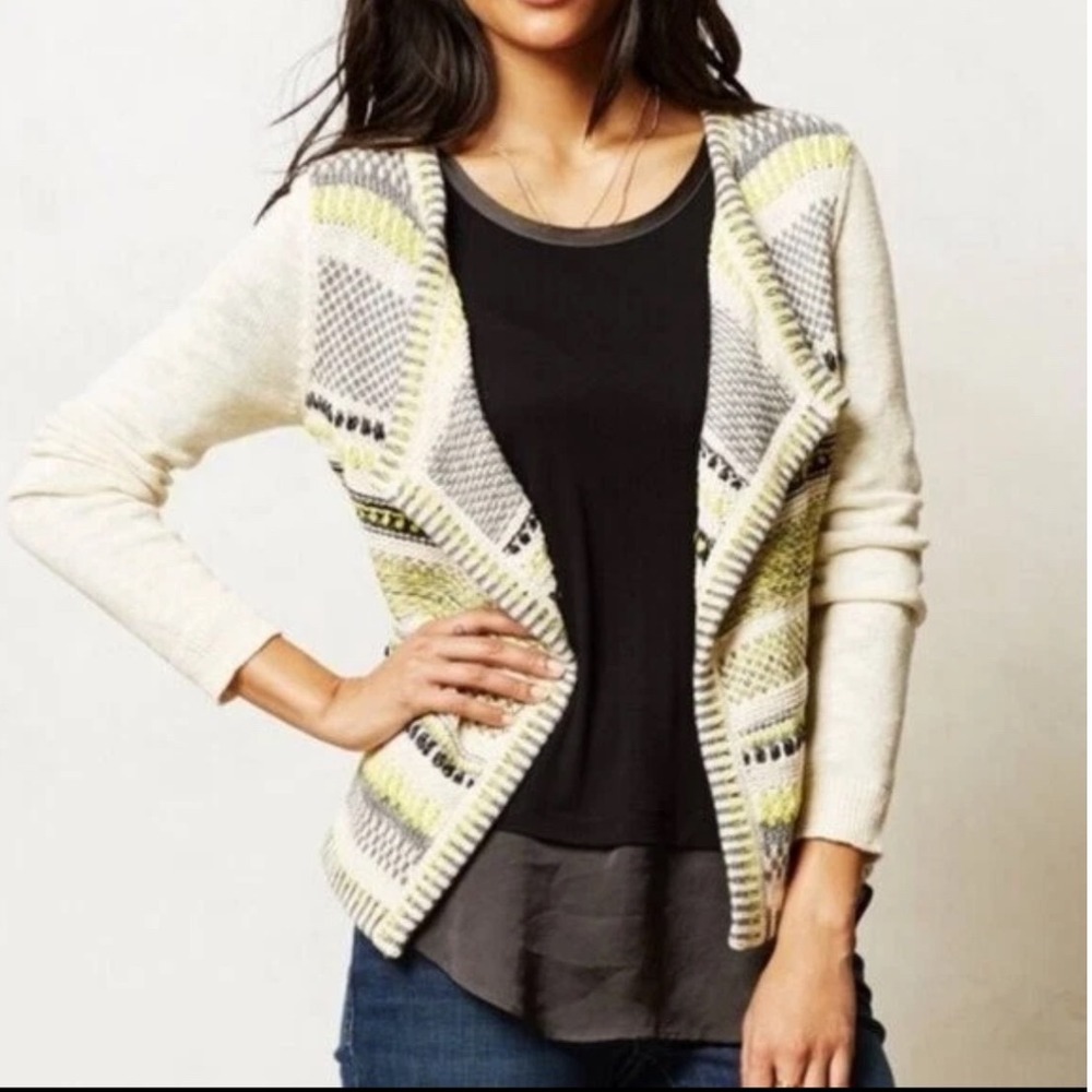 Moth Anthropologie Striped Metallic Open Front Cardigan Sweater Medium ‎ Yellow
